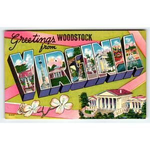 Greetings From Woodstock Virginia 1940s Large Big Letter Linen State Postcard